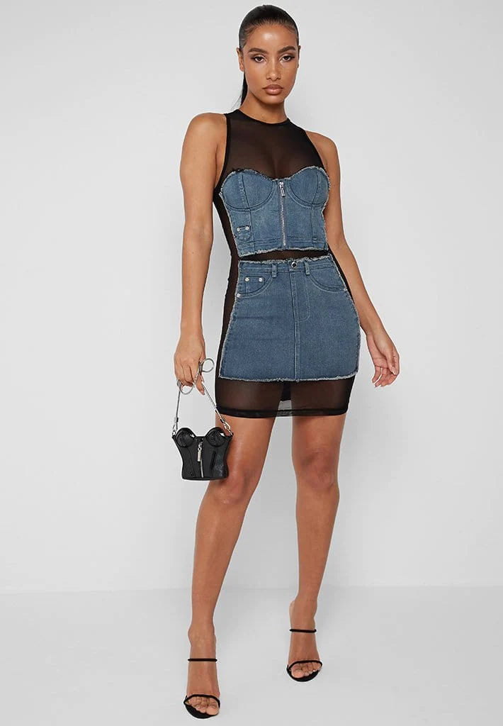 Denim Corset Bodycon Dress - Black/Mid Blue THE MILLI Denim Corset Bodycon Dress - Black/Mid Blue THE MILLI