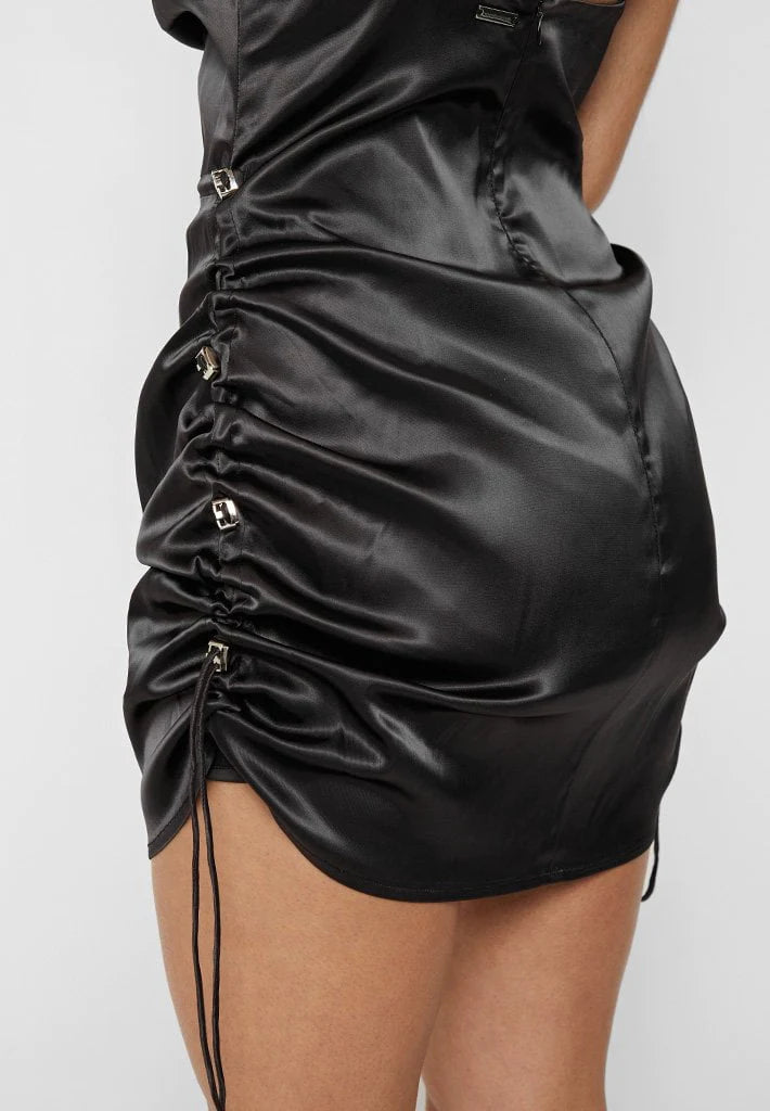 Satin Ruched Mini Dress - Black  THE MILLI